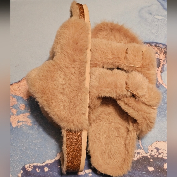 Fitroy Tan Plush Open-Toe Slippers - Picture 2 of 5